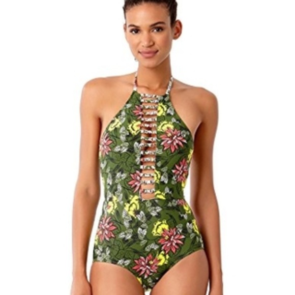 Anne Cole Green Floral High Neck One Piece Suit - Picture 1 of 2